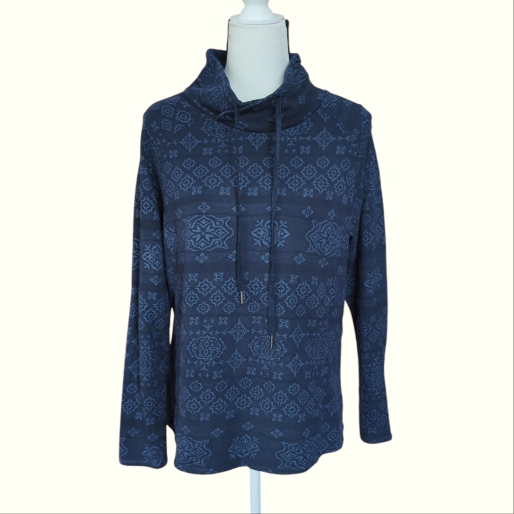 North River Shawl Neck Long Sleeve Printed Sweatshirt Top LARGE Indigo Blue